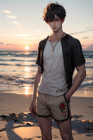  (1boy), shorts, tan, boners, beach, sunset, shadows, rim light 

(masterpiece, best quality:1.2),