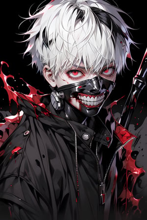 (1boy) portrait, best quality, ultra high res, ultra detailed, black and red, high contrast color tone, extremely detailed lighting, cinematic lighting, soft lights, (masterpiece, high quality:1.4), (kaneki ken, black hair, white hair, red and black eye, mask | teeth, blood eyes, black clothes, scorpio tentacles), , , blood, , black background, thrilling, (fierce face),kaneki ken