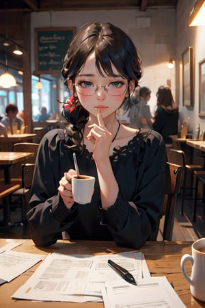   1girl   (thick frame glasses), 
POV, dating, cafe, desk, coffee cup
(masterpiece, best quality, hires, high resolution:1.2), (beautiful, aesthetic, perfect, delicate, intricate:1.2), (depth of field:1.2),  ,