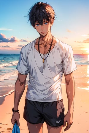 (1boy)  , sunrise, beach, taned skin,  , (masterpiece, high quality:1.4), 
nanase_haruka
shadows, rim light 
 shorts