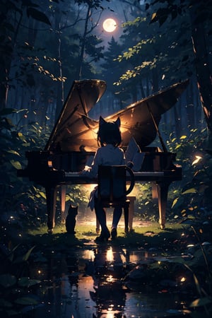   
 a Cat girl playing Piano at Night in a Forest moon light, 
close up , pov 
  masterpiece, 