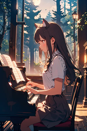   
 a Cat girl playing Piano at Night in a Forest moon light, dramatic lighting
  masterpiece, 