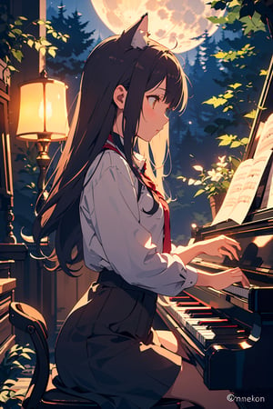   
 a Cat girl playing Piano at Night in a Forest moon light, dramatic lighting
  masterpiece, 