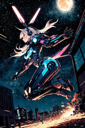 1girl ,
cyberpunk world,   a  warrior riding a mecha animal,  jumping forward,  high contrast, flat edges,  starry night,  