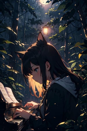   
 a Cat girl playing Piano at Night in a Forest moon light, 
close up , detailed face , side view
  masterpiece, 