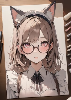 1girl,  maid. cat ear, glasses 
  , colorful 
detailed realistic face  
watercolor
sketch
 
 masterpiece best quality

,portraitart, 
