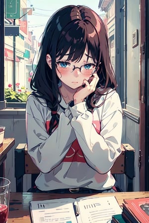 1girl (thick frame glasses),  blush, shy,
POV, dating,   sitting