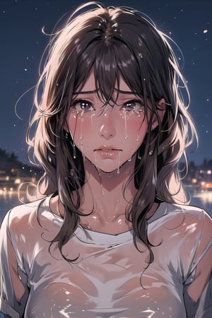 1girl, messy hair, wet oversized 
shirt,  sad, crying , detailed face, night