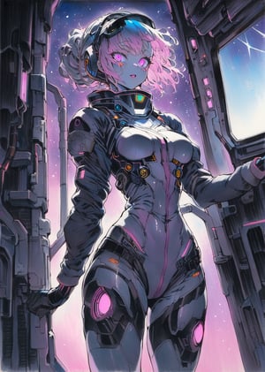  
1girl, looking at the window of her space station space suit blue and violet nebula,  
masterpiece best quality 
 sci-fi traditional media 
glowing eyes, cybernetic, cyberpunk 
