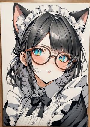 1girl,  maid. cat ear, glasses 
  , colorful 
detailed eyes 
 traditional media

 masterpiece best quality

,portraitart, 