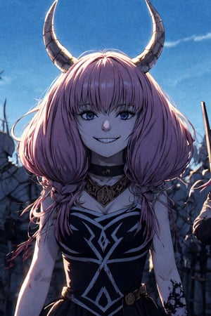 1girl ,  smile,   aura the guillotine   horns, shadows 
summoning undead soldiers, 
souls 
,(best quality