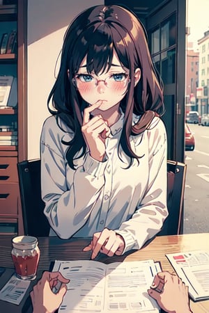 1girl (thick frame glasses),  blush, shy,
POV, dating,   sitting
