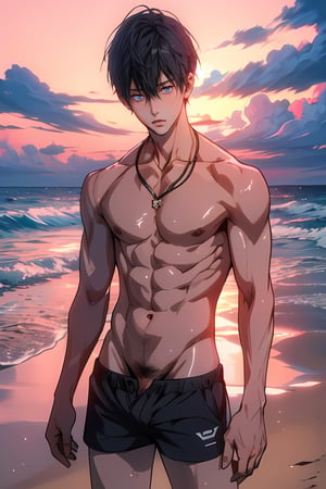 (1boy)  , sunrise, beach, taned skin,  best quality, ultra high res, ultra detailed, cinematic lighting, soft lights, (masterpiece, high quality:1.4), 
nanase_haruka
niji
boner, shorts