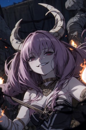 1girl , evil smile, horns, shadows 
summoning undead soldiers, 
  aura the guillotine