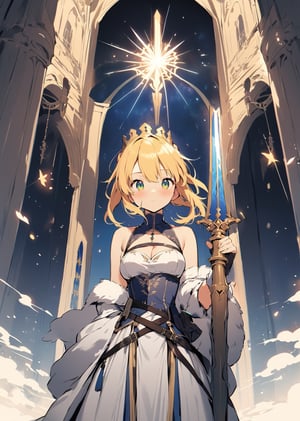 by yoneyama mai by James Gilleard 1girl, holding sword artoria pendragon \(fate\), fate \(series\) perspective medieval aesthetic, beautiful color,