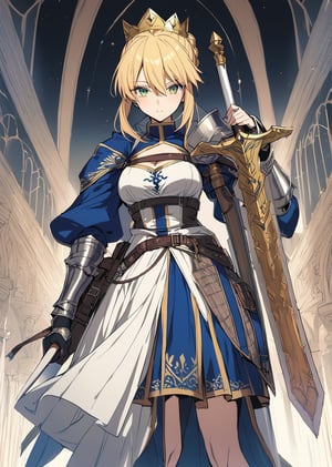  1girl, holding sword artoria pendragon \(fate\), fate \(series\) perspective medieval aesthetic, beautiful color,
