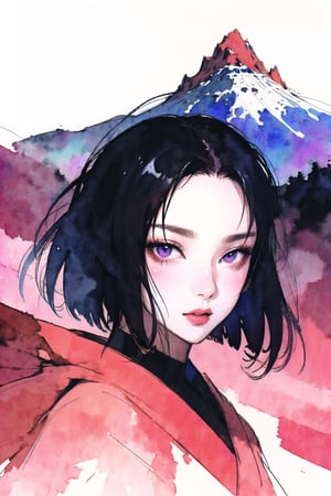 1girl,  detailed face, floating  a beautiful mountain 
 ,amano yoshitaka, 
watercolor  , sketch 