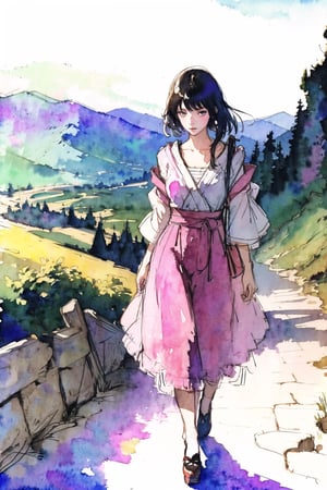1girl,   walking in a beautiful mountain 
syphabelnades,amano yoshitaka, 
watercolor  , sketch 
