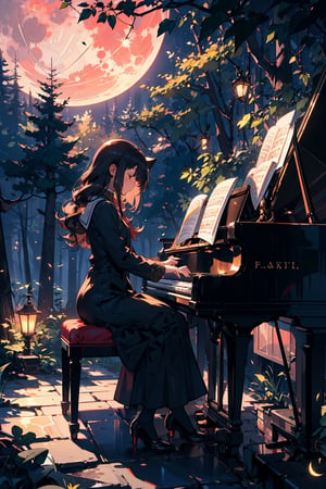   
 a  girl playing Piano at Night in a Forest moon light, 
a cat sleeping on the piano
  masterpiece, 