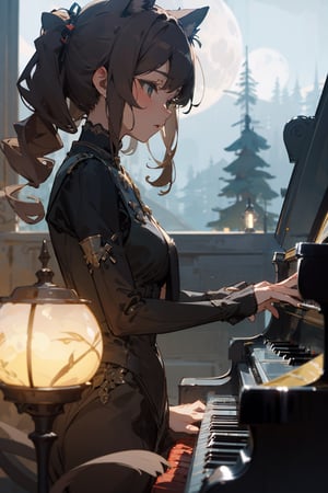   
 a Cat girl playing Piano at Night in a Forest moon light, 
close up , detailed face , side view
  masterpiece, 