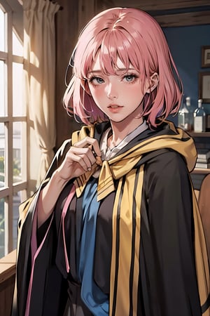 1girl, short pink hair,(hufflepuff House Cloak) 