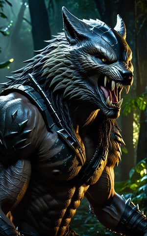 UltraHD, Hyper-realistic 32k, HQ, Realism werewolf, seamlessly merged with a skilled warrior in a fantasy realm. Embark on an epic quest filled with danger and magic, drawing inspiration from 'Predator', 'The Matrix', and 'Alien"' to become one stunning superhero.