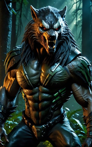 UltraHD, Hyper-realistic 32k, HQ, Realism werewolf, seamlessly merged with a skilled warrior in a fantasy realm. Embark on an epic quest filled with danger and magic, drawing inspiration from 'Predator', 'The Matrix', and 'Alien"' to become one stunning superhero.