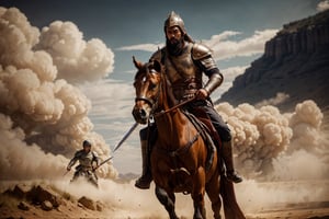 1 man, riding, horse, , realistic, detailed features, ancient Chinese armor, long beard, red face, crescent blade, , dynamic pose, fierce expression, battlefield scene, enemies, blood, , dramatic lighting, smoke, dust, HDR, Accent Lighting