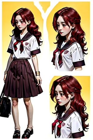 Masterpiece, high quality, 14k. 1 Girl, age 18, school uniform, bobbed hair, red hair, half-bundled hair, no bangs, dark red eyes, high nose, clear concave features, medium chest, muscular skinny body, gold bracelet with red jewelry, short sleeve shirt, thigh-high pleated skirt, little flush,kallen stadtfeld
