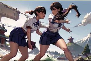 Japanese, 1 girl, (Japanese school uniform), ponytail, long hair, (winded hair and skirt: 1.2), (masterpiece, high quality, 14K, detailed face, detailed hands, detailed eyes, high resolution, perfect anatomy, highly detailed skin), 19-year-old girl, Thicc thigh, focus on gaze thighs, very big chest, slim figure, perfect female figure, [realistic photo], (((Japanese))), ( draw a word), confrontation with enemy,school uniform,More Detail,fight scene