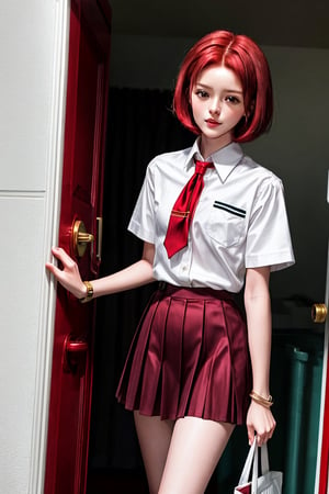 Masterpiece, high quality, 14k. 1 Girl, age 19, school uniform, ((bobbed hair)), red hair, half-bundled hair, no bangs, dark red eyes, high nose, clear concave features, medium chest, muscular skinny body, gold bracelet with red jewelry,white short sleeve shirt, thigh-high pleated skirt, little flush,kallen stadtfeld, shoulder-length bob,Eren Jaeger ,