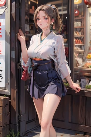 Japanese, 1 girl, (Japanese school uniform), ponytail, long hair, (winded hair and skirt: 1.2), (masterpiece, high quality, 14K, detailed face, detailed hands, detailed eyes, high resolution, perfect anatomy, highly detailed skin), 19-year-old girl, Thicc thigh, focus on gaze thighs, very big chest, slim figure, perfect female figure, [realistic photo], (Japanese: 1.5), (foot posture, draw a word), confrontation with enemy