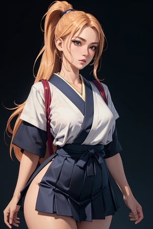 Japanese, 1 girl, (Japanese school uniform), ponytail, long hair, (winded hair and skirt: 1.2), (masterpiece, high quality, 14K, detailed face, detailed hands, detailed eyes, high resolution, perfect anatomy, highly detailed skin), 19-year-old girl, Thicc thigh, focus on gaze thighs, very big chest, slim figure, perfect female figure, [realistic photo], (((Japanese))), ( draw a word), confrontation with enemy