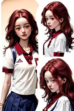 Masterpiece, high quality, 14k. 1 Girl, age 18, school uniform, ((bobbed hair)), red hair, half-bundled hair, no bangs, dark red eyes, high nose, clear concave features, medium chest, muscular skinny body, gold bracelet with red jewelry, short sleeve shirt, thigh-high pleated skirt, little flush,kallen stadtfeld