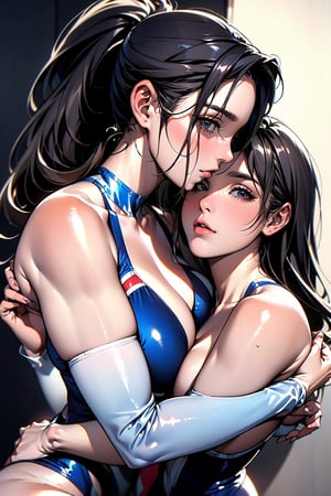 (Extremely Realistic MAX, Best quality, master piece, high res, high quality, high detail, perfect human anatomy, 16K, very fine details, Quality RAW photo, realistic face and body, various color detailed, movie lighting),
long hair, multiple girls, brown hair, black hair, 2girls, swimsuit, ponytail, yuri, one-piece swimsuit, hug, school swimsuit, realistic, competition school swimsuit