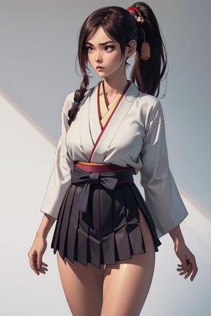 Japanese, 1 girl, (Japanese school uniform), ponytail, long hair, (winded hair and skirt: 1.2), (masterpiece, high quality, 14K, detailed face, detailed hands, detailed eyes, high resolution, perfect anatomy, highly detailed skin), 19-year-old girl, Thicc thigh, focus on gaze thighs, very big chest, slim figure, perfect female figure, [realistic photo], (Japanese: 1.5), (foot posture, draw a word), confrontation with enemy