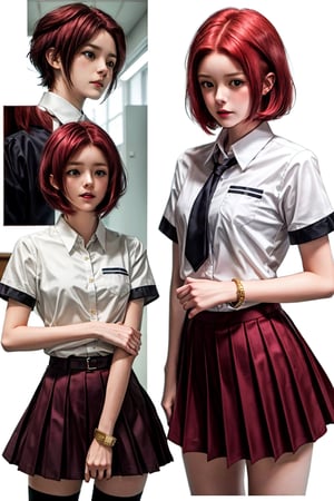 Masterpiece, high quality, 14k. 1 Girl, age 19, school uniform, ((bobbed hair)), red hair, ((half-bundled hair)), no bangs, dark red eyes, high nose, clear concave features, medium chest, muscular skinny body, gold bracelet with red jewelry,white short sleeve shirt, thigh-high pleated skirt, little flush,kallen stadtfeld, shoulder-length bob,Eren Jaeger , detailed face