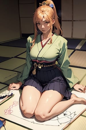 Japanese, 1 girl, (Japanese school uniform), ponytail, long hair, (winded hair and skirt: 1.2), (masterpiece, high quality, 14K, detailed face, detailed hands, detailed eyes, high resolution, perfect anatomy, highly detailed skin), 19-year-old girl, Thicc thigh, focus on gaze thighs, very big chest, slim figure, perfect female figure, [realistic photo], (Japanese: 2), ( draw a word:2), confrontation with enemy