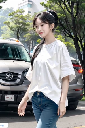 Extremely Realistic, Best quality, master piece, high resolution, high quality, high detail, perfect human anatomy, realistic , normal face and eyes and body and fingers and skin, perfect  face and eyes and body and fingers and skin, detailed face and eyes and body and fingers and skin, 16K,
Park, walking path, white t-shirt, jeans, 1 girl, white skin, lighting, body that stands out, big breasts, hip-up, thick thighs, smile, ponytail, black hair, Ive An Yu-jin, An Yu-jin,yujinlorashy