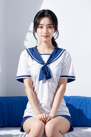 1girl,  18 years old,  (close-up photograph:1.5),  (extremely detailed face),  ((looking straight)),  symmetrical frame,  ((symmetrical pose:1.5)),   ,  looking_at_viewer,  (black hair),  (studio lighting ),  (white and blue sailor uniform,  short sleeve,  tight),  (white plain background:1.2),  (((( no make up))),  smile shyly , ,  , i,aoayunalorashy,1 girl