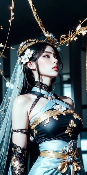 (Magnificent Holy Crown:1.2),(black lace hanfu:1.3),(long curly hair),(gold Persian_Paisley dress:1.3),street,(busty),(Skintight),masterpiece,Exquisite details and textures,(lace tones:1.3),(Black and white entanglement), (crystal and silver entanglement),(shibari:1.3)|(gold wire:1.3),(Chinese painting background),(Two colorful ribbons floating around),face shot