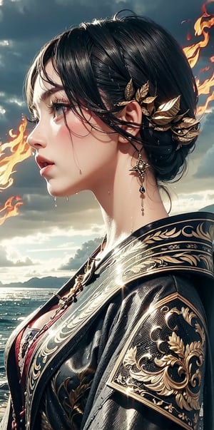 goddess, pattern cloak, patterned robe,(fairy pattern tattoos),windy,wet_clothes,wet hair,white background,Dreamy clouds,spit fire,dragon background,face shot