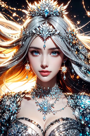 The beauty of the goddess is like the warm and gentle sunshine in the spring morning, emitting a soft radiance and a heart-warming smile. She wears gorgeous crowns, forehead ornaments, earrings, necklaces and shawls, her starry platinum hair flows in the wind,which is amazingly beautiful.(Black and white entanglement), (crystal and silver entanglement)
