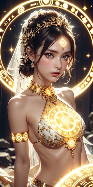 (goddess,bride,gaia),(Gorgeous sacred yellow glowing pattern:1.3),naked,busty,Fair face radiates radiance,((dark background)),glowing text("Multiple magic_circle":1.3) on body,(Upper body pattern ,glowing_bits),