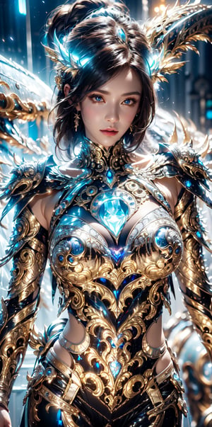 (goddess,venus,iron woman),busty,(Intricate luminous armor design:1.2),white plasma electromagnetic shield,crystal and silver entanglement,Star flash,(Persian Paisley clothes)