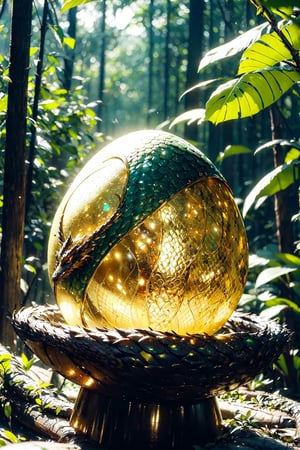 A (Dragon egg) in the forest,glow_in_the_dark,fog,(gold dragon pattern reflective metal egg)