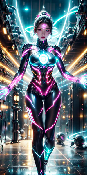A high-tech tights with an energy core on the chest that transmits energy rays radially throughout the body.(goddess,venus,iron woman),busty,(Complex luminous structure design:1.6),pink plasma electromagnetic shield,crystal and silver entanglement,