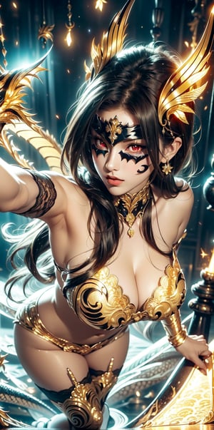 (Saint Seiya,samurai,dragoness),(Gorgeous sacred yellow glowing pattern:1.3),(lace sexy mask:1.2),(red eyes:1.3),sexy pose