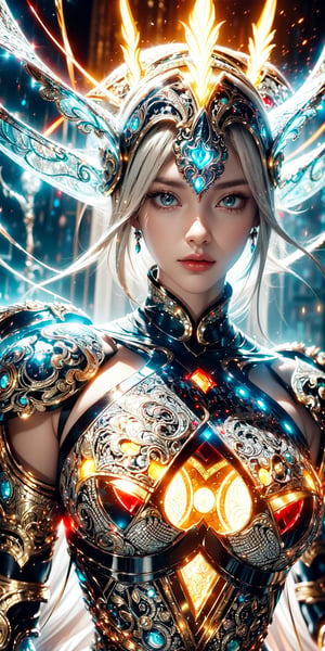 (goddess,Saint Seiya,iron woman),busty,(Intricate luminous armor design:1.3),(yellow plasma electromagnetic shield),crystal and silver entanglement,Soft Pink,(Persian Paisley clothes),(red tone:1.5)