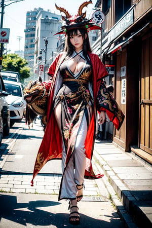 The sexy goddess wearing a dragon puppet costume stood on the streets of ancient Japan, showing a faint smile gracefully